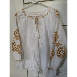 Koko Embroidered Linen Blend Tie Neck Bohemian Tunic Blouse White Gold XL